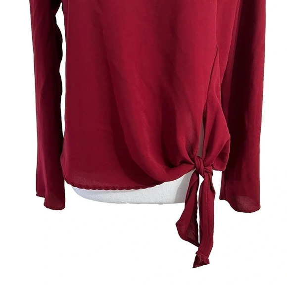 Aqua Dark Red Blouse Size Medium Semi Sheer Knotted Hem Tie Chiffon Long Sleeves - Picture 4 of 7